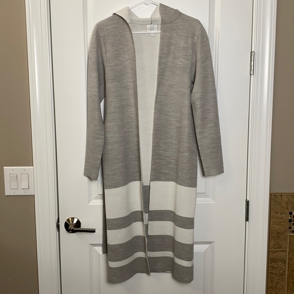 Gray long cardigan with hoodie and belt